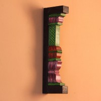 Hand Painted Pillar Wall Bracket Styled on Wall Extreme close-up of the carved petal-shaped bands in pink, red and purple, with ridged layers and painted green edging.