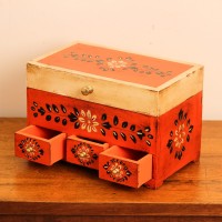 Hand Painted Orange & Beige Wooden 3 Drawer Jewellery Organiser Box A handcrafted wooden organiser box featuring hand painted floral detailing, three small drawers, and a spacious storage compartment in warm orange and beige tones.