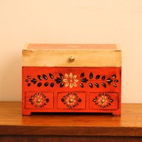 Hand Painted Orange & Beige Wooden 3 Drawer Jewellery Organiser Box A handcrafted wooden organiser box featuring hand painted floral detailing, three small drawers, and a spacious storage compartment in warm orange and beige tones.