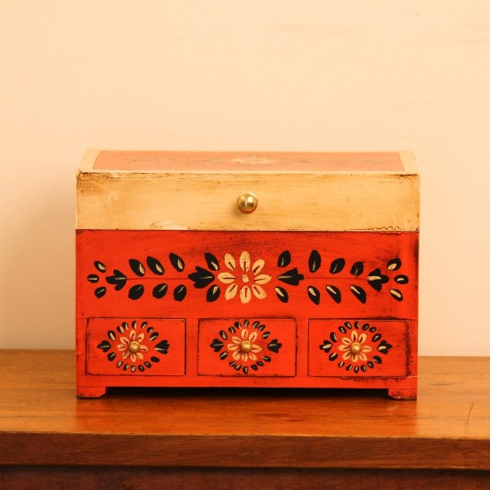 Hand Painted Orange & Beige Wooden 3 Drawer Jewellery Organiser Box A handcrafted wooden organiser box featuring hand painted floral detailing, three small drawers, and a spacious storage compartment in warm orange and beige tones.