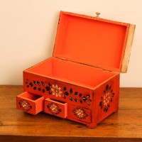 Hand Painted Orange & Beige Wooden 3 Drawer Jewellery Organiser Box A handcrafted wooden organiser box featuring hand painted floral detailing, three small drawers, and a spacious storage compartment in warm orange and beige tones.