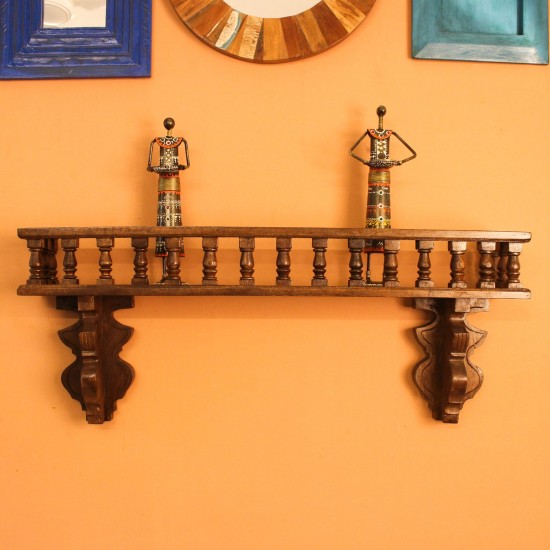 Hand Carved Wooden Wall Shelf Dark Polish Vintage | Indian Handicraft Home Decor Handcrafted dark polish wooden wall shelf with turned spindle detailing and carved apron, a vintage Indian heritage decor piece.