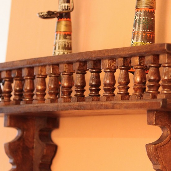 Hand Carved Wooden Wall Shelf Dark Polish Vintage | Indian Handicraft Home Decor Handcrafted dark polish wooden wall shelf with turned spindle detailing and carved apron, a vintage Indian heritage decor piece.