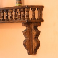 Hand Carved Wooden Wall Shelf Dark Polish Vintage | Indian Handicraft Home Decor Handcrafted dark polish wooden wall shelf with turned spindle detailing and carved apron, a vintage Indian heritage decor piece.