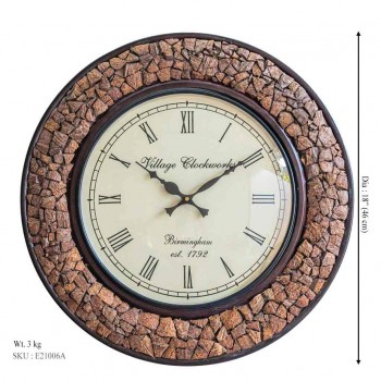Handcrafted Round Wooden Wall Clock with Coconut Shell Pieces dia 18 inches