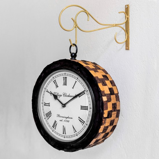 Railway Clock - Chequered Sleeper Wood Dia 12 inch Railway Clock - Chequered Sleeper Wood Dia 12 inch