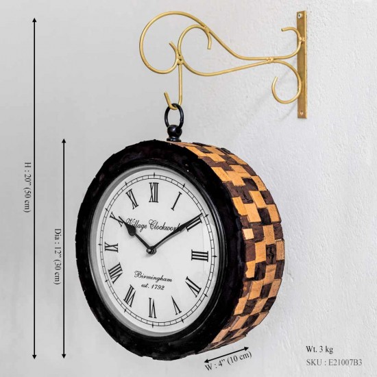 Railway Clock - Chequered Sleeper Wood  Dia 12 inch