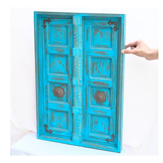 Distressed Blue Wooden Decorative Window for Wall Decor ht 27 inch