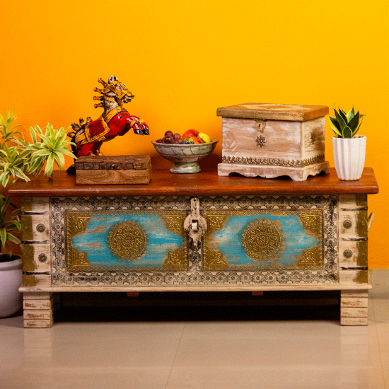 artisan wooden pitara box blue white rustic finish brass design furniture