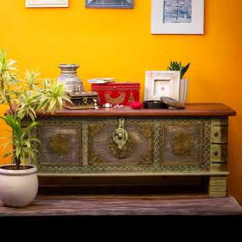 artisan wooden pitara box green rustic finish brass artwork furniture