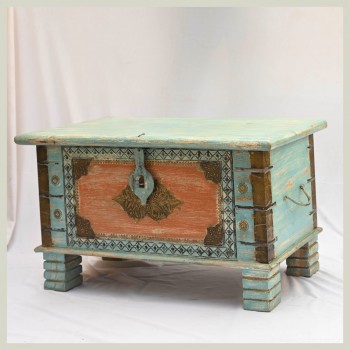 Treasure Box / Pitara Blue - Orange Rustic Finish Brass Art