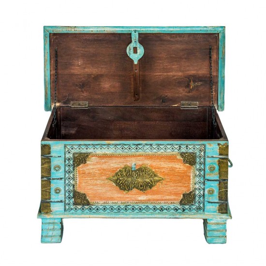 Treasure Box / Pitara Blue - Orange Rustic Finish Brass Art