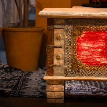 Colourful distressed wooden treasure box – rustic wooden pitara front view Colourful distressed wooden treasure box – rustic wooden pitara front view