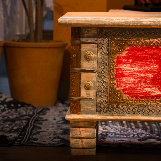 Colourful distressed wooden treasure box – rustic wooden pitara front view Colourful distressed wooden treasure box – rustic wooden pitara front view