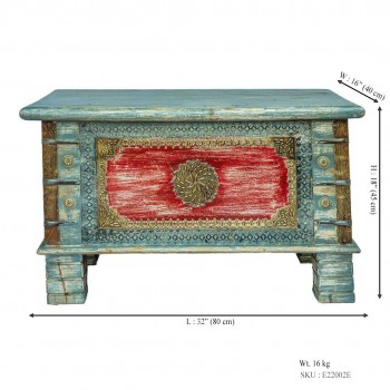 Treasure Box / Pitara Blue - Red Rustic Finish Brass Art