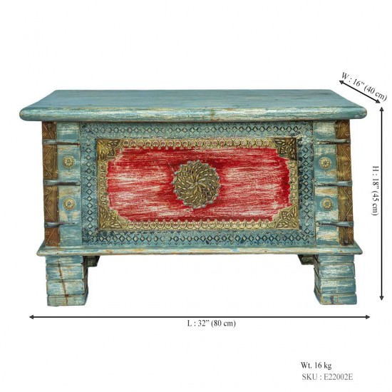 Treasure Box / Pitara Blue - Red Rustic Finish Brass Art