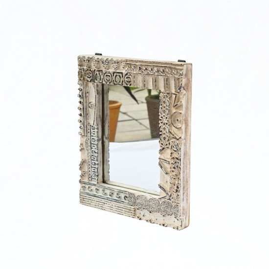 Distressed White Wooden Mirror Frame with Fine Hand Carving 12 Inch