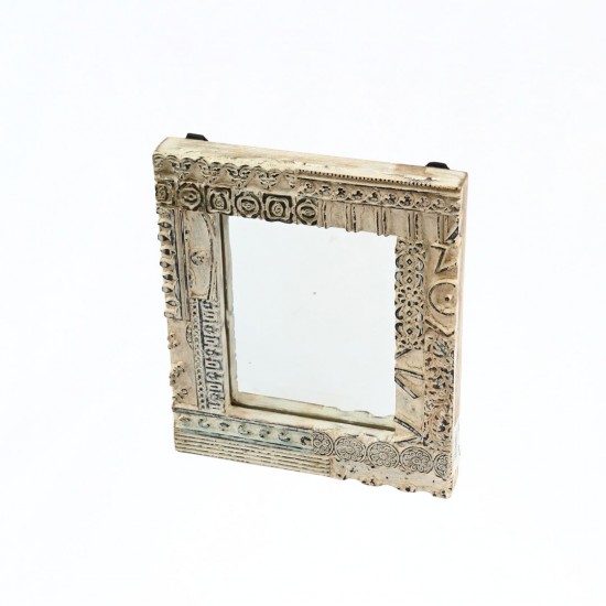 Distressed White Wooden Mirror Frame with Fine Hand Carving 12 Inch