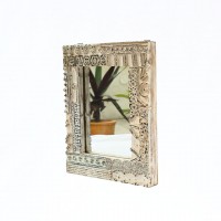 Distressed White Wooden Mirror Frame with Fine Hand Carving 12 Inch