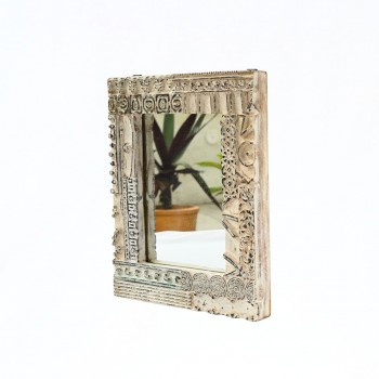 Distressed White Wooden Mirror Frame with Fine Hand Carving 12 Inch