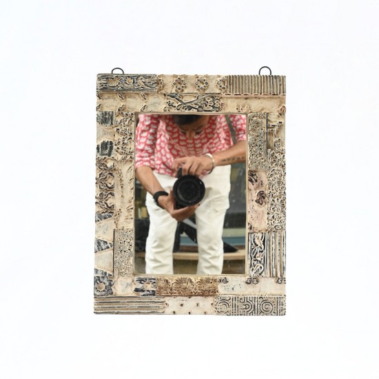 Distressed White Wooden Mirror Frame with Fine Hand Carving 15 Inch