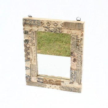 Distressed White Wooden Mirror Frame with Fine Hand Carving 15 Inch