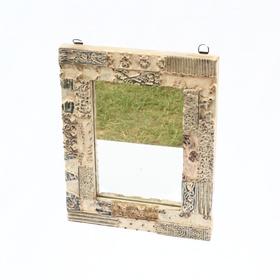 Distressed White Wooden Mirror Frame with Fine Hand Carving 15 Inch