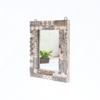Distressed White Wooden Mirror Frame with Fine Hand Carving 15 Inch