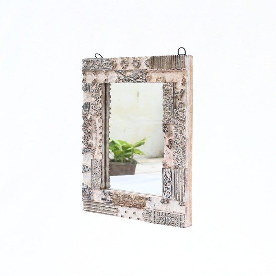Distressed White Wooden Mirror Frame with Fine Hand Carving 15 Inch