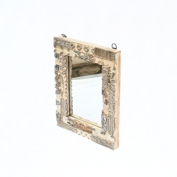 Distressed White Wooden Mirror Frame with Fine Hand Carving 15 Inch