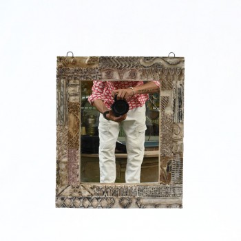 Distressed White Wooden Mirror Frame with Fine Hand Carving 18 Inch