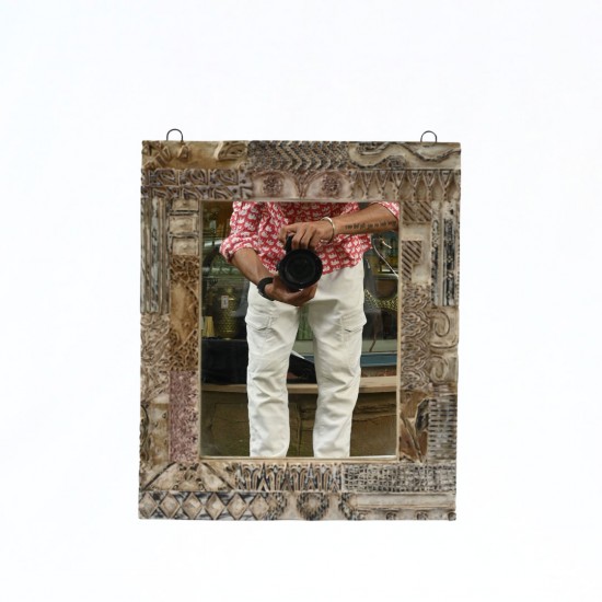 Distressed White Wooden Mirror Frame with Fine Hand Carving 18 Inch