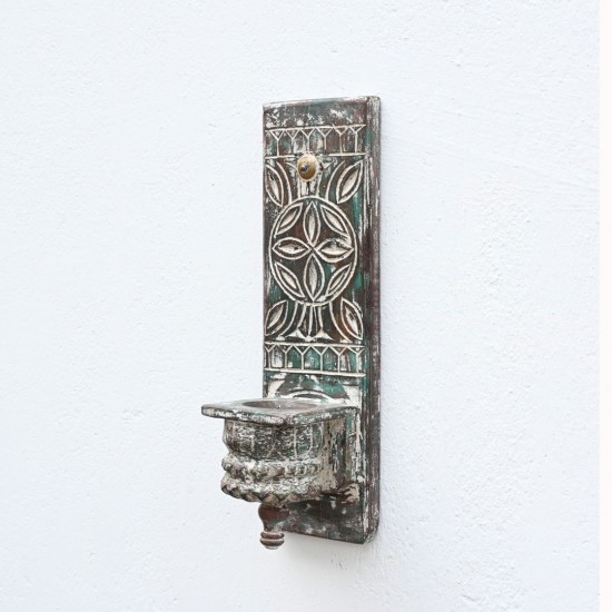 Distressed White Vintage Wooden Carved Wall Candle Holder