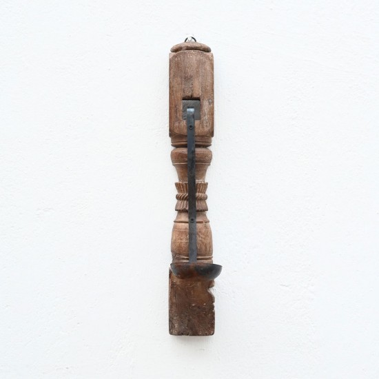 Vintage Wooden Carved Wall Candle with Iron Holder