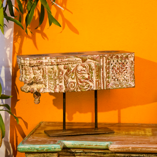 Distressed White Vintage Wooden Carved Candle Holder with a stand Distressed White Vintage Wooden Carved Candle Holder with a stand