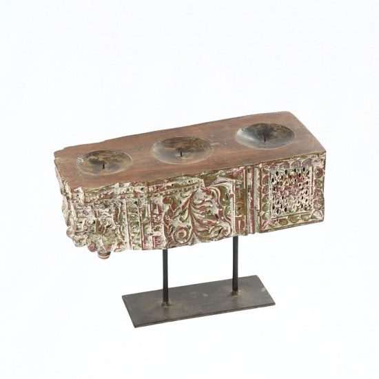 Distressed White Vintage Wooden Carved Candle Holder with a stand