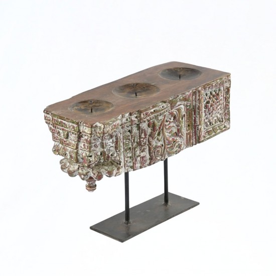 Distressed White Vintage Wooden Carved Candle Holder with a stand