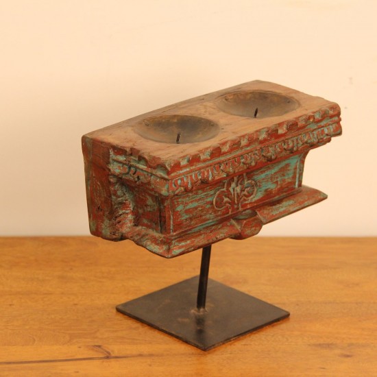 Distressed Double Wooden Candle Holder with Stand – Styled on Wall Distressed double wooden candle holder styled on a console against a warm wall