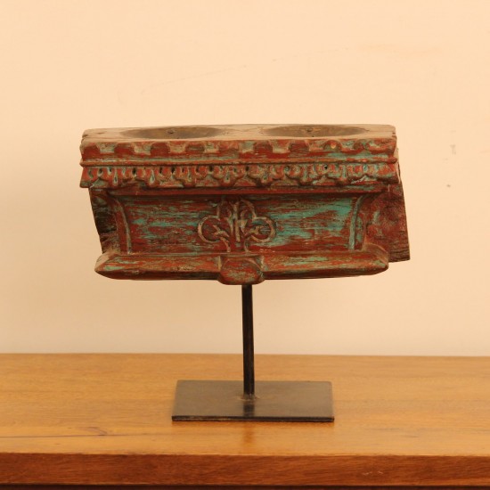 Distressed Double Wooden Candle Holder with Stand – Styled on Wall Distressed double wooden candle holder styled on a console against a warm wall