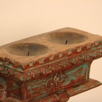 Distressed Double Wooden Candle Holder with Stand – Styled on Wall Distressed double wooden candle holder styled on a console against a warm wall