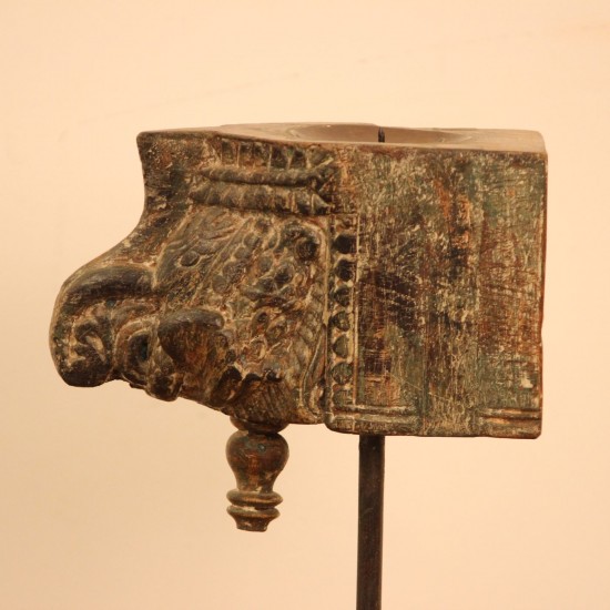 Distressed Wooden Bracket Candle Holder with Stand – Styled on Wall Distressed wooden bracket candle holder on stand styled on a console against a warm wall