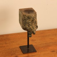 Antique Carved Wooden Bracket Fragment – Bright Green Genuine antique wooden bracket fragment with traces of original bright green pigment, hand-carved scrollwork edge detailing, mounted upright as a standalone decor piece.