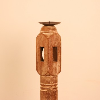 Repurposed Wooden Pillar Candle Stand – Whitewash Candle stand crafted from a repurposed antique bed leg, turned into a slender pillar form with a whitewashed distressed finish and a black metal candle plate on top.
