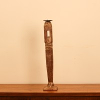 Repurposed Wooden Pillar Candle Stand – Whitewash Candle stand crafted from a repurposed antique bed leg, turned into a slender pillar form with a whitewashed distressed finish and a black metal candle plate on top.