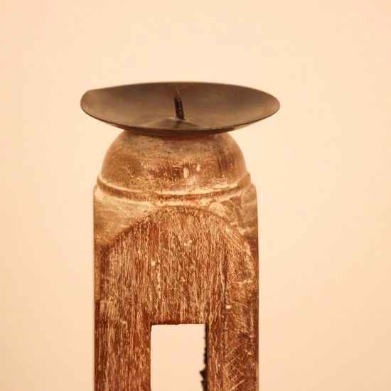 Repurposed Wooden Pillar Candle Stand – Whitewash Candle stand crafted from a repurposed antique bed leg, turned into a slender pillar form with a whitewashed distressed finish and a black metal candle plate on top.