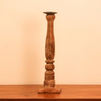 Repurposed Wooden Pillar Candle Stand – Natural Candle stand crafted from a repurposed antique bed leg, turned into a compact pillar form with a natural wood finish and a black metal candle plate on top.