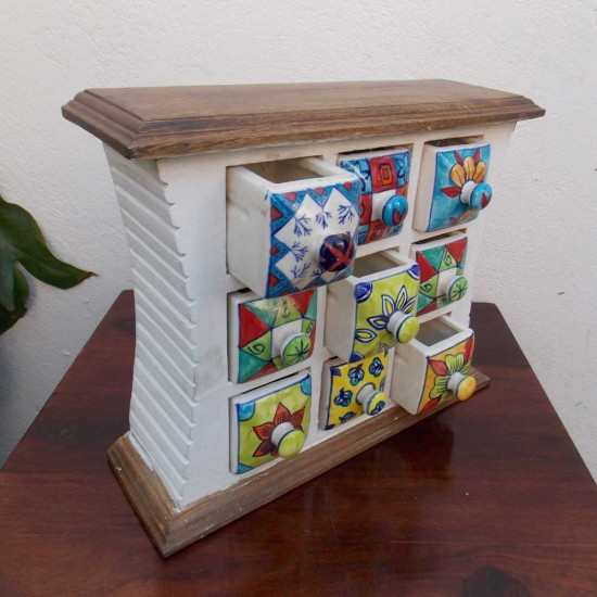 9 Ceramic Drawers White Painted Wooden Mini Chest 9 Ceramic Drawers White Painted Wooden Mini Chest