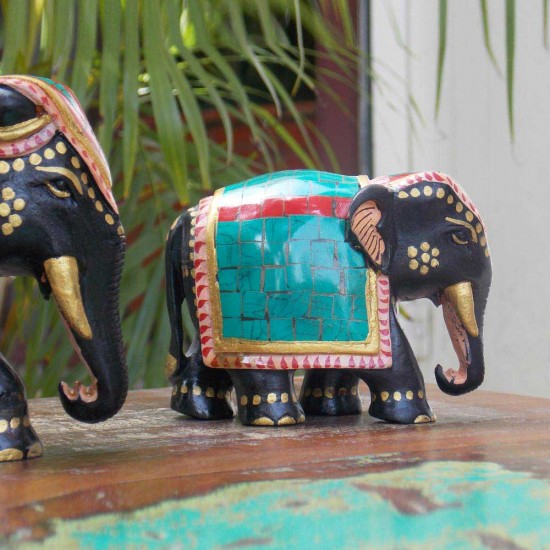 Wooden Semi-Precious Stone Elephant, Height 3 Inch