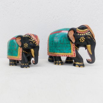 Wooden Semi-Precious Stone Elephant, Set of 2 (Height-3 , 4)  Inches