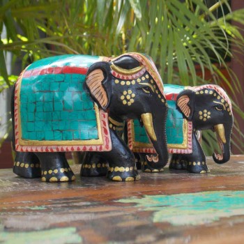 Wooden Semi-Precious Stone Elephant, Set of 2 (Height-3 , 4)  Inches